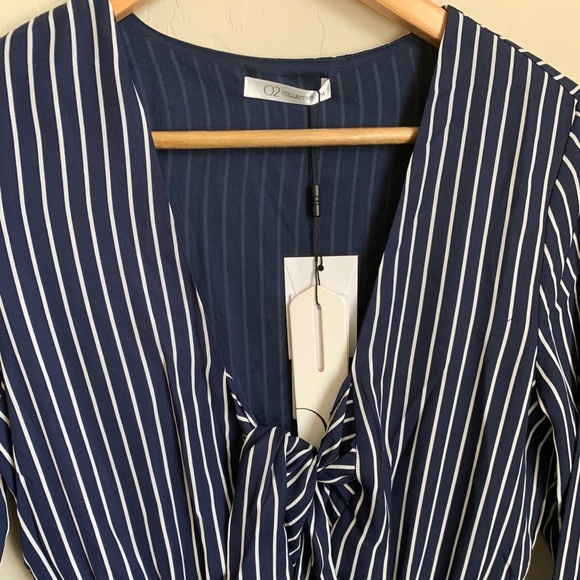 Navy Striped Romper w/ Deep Neckline and Bow - Picture 6 of 8